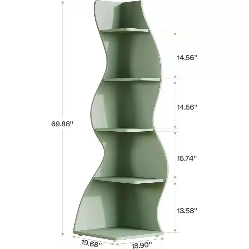 Étagère d'angle ondulée, bibliothèque moderne à 5 niveaux avec forme incurvée