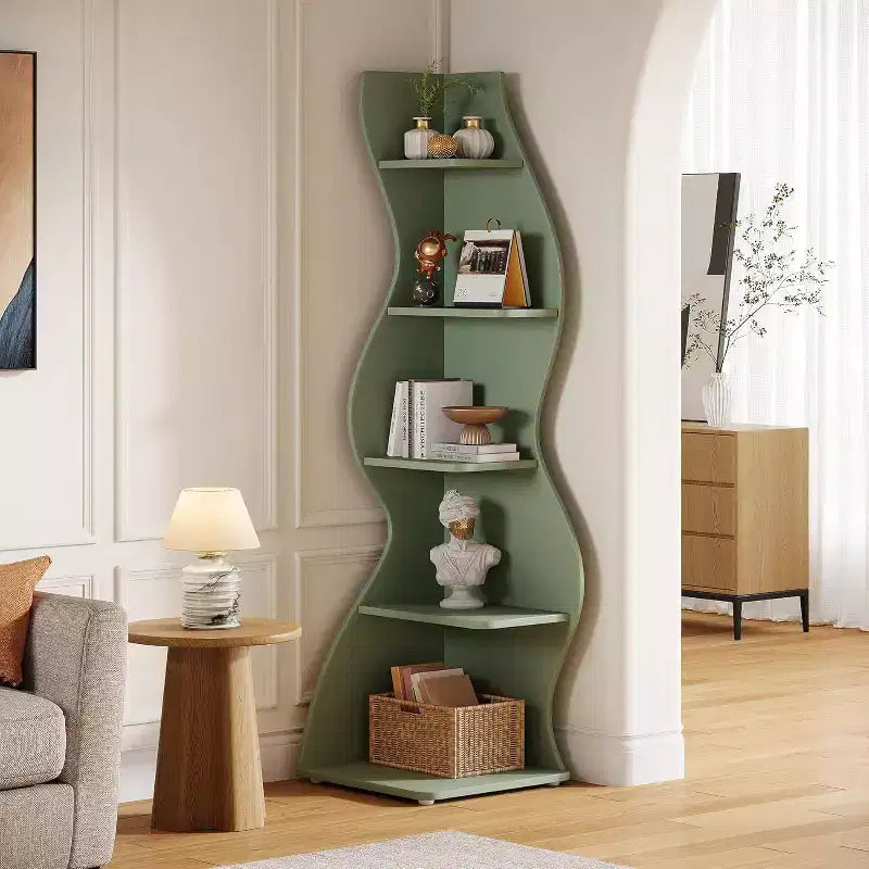 Étagère d'angle ondulée, bibliothèque moderne à 5 niveaux avec forme incurvée