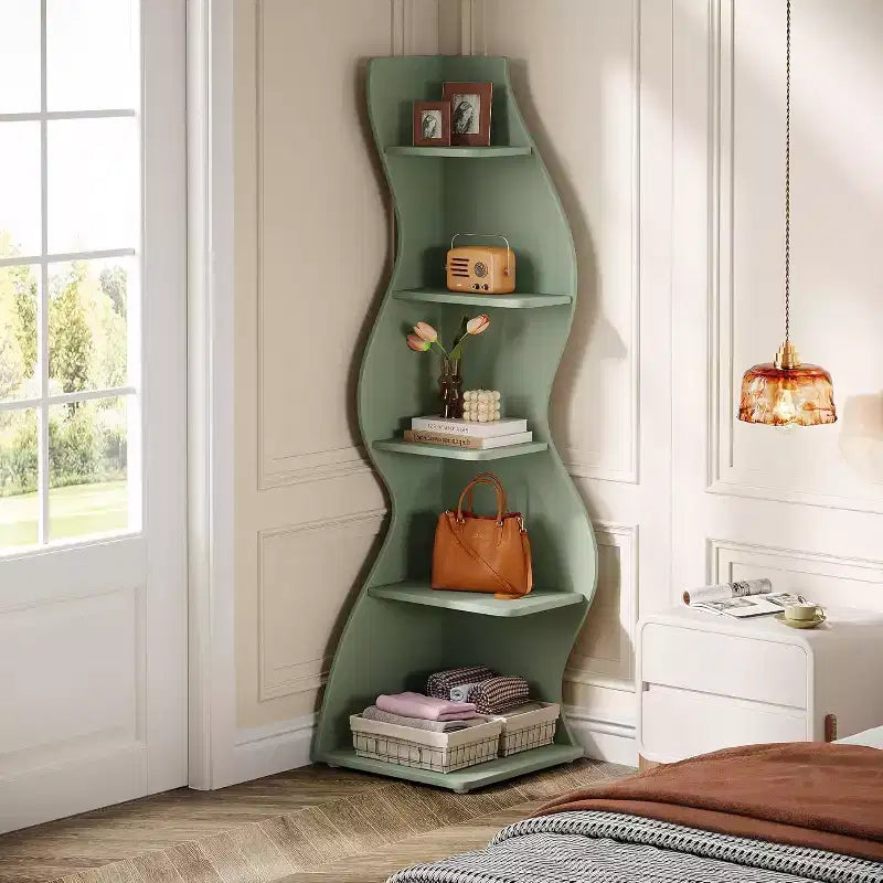 Étagère d'angle ondulée, bibliothèque moderne à 5 niveaux avec forme incurvée