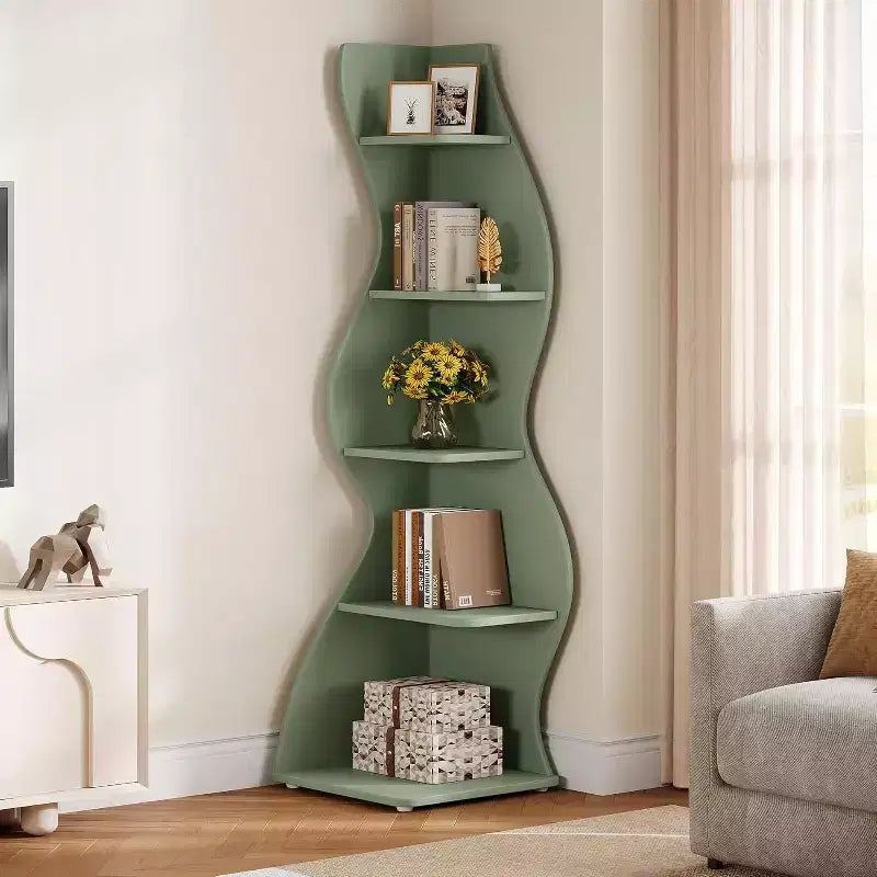 Étagère d'angle ondulée, bibliothèque moderne à 5 niveaux avec forme incurvée