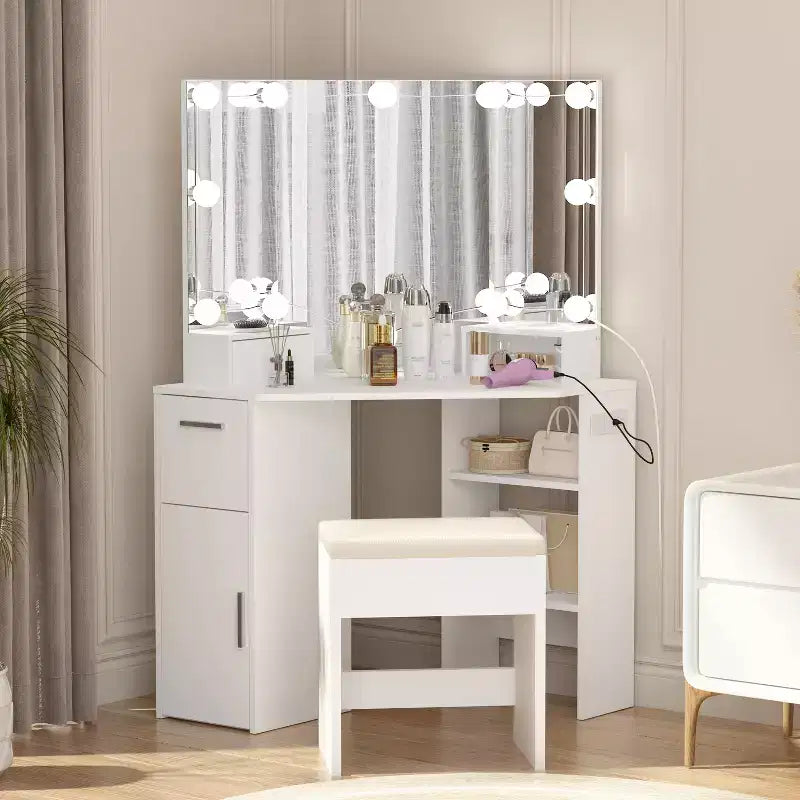 Corner Makeup Vanity Desk w/Mirror & Lights - Vanity Table w/Upholstered Stool, Bedroom Makeup Table w/Storage Shelf, Dressing Table for Women Girls