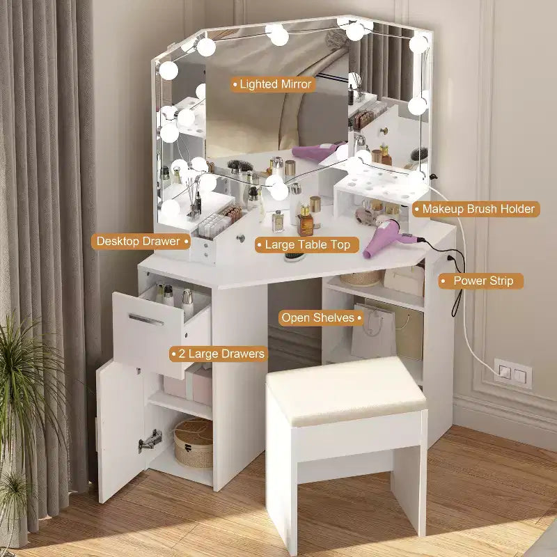 Coiffeuse d'angle avec miroir, lumière et étagère de rangement