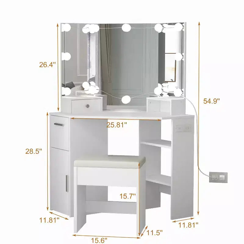 Coiffeuse d'angle avec miroir, lumière et étagère de rangement