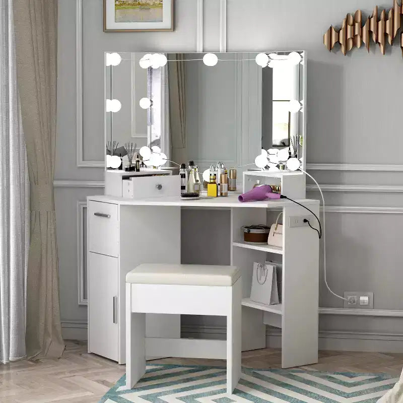 Coiffeuse d'angle avec miroir, lumière et étagère de rangement