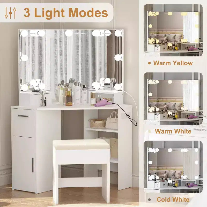 Coiffeuse d'angle avec miroir, lumière et étagère de rangement