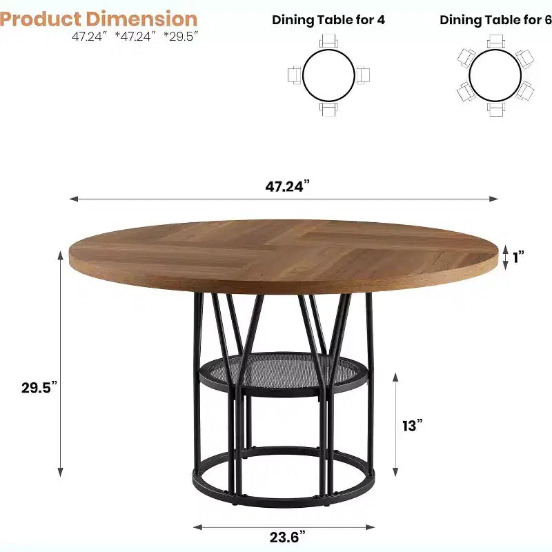 Table de salle à manger ronde avec étagère de rangement, table de cuisine robuste à structure métallique