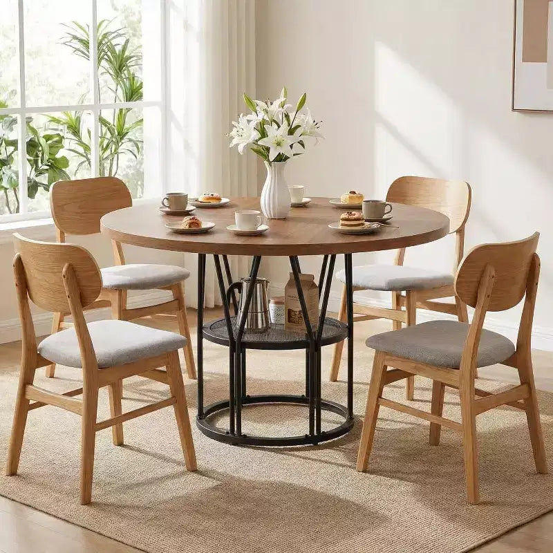 Table de salle à manger ronde avec étagère de rangement, table de cuisine robuste à structure métallique