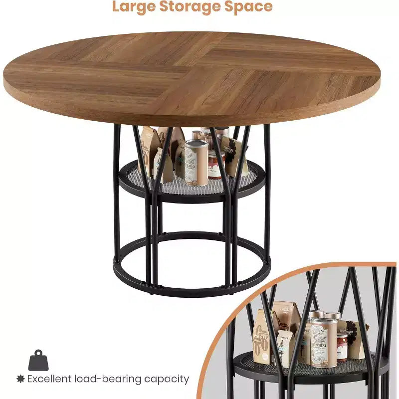Table de salle à manger ronde avec étagère de rangement, table de cuisine robuste à structure métallique