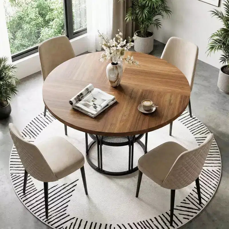 Table de salle à manger ronde avec étagère de rangement, table de cuisine robuste à structure métallique