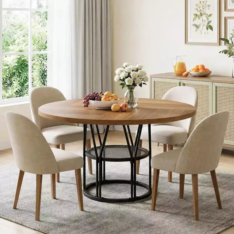 Table de salle à manger ronde avec étagère de rangement, table de cuisine robuste à structure métallique