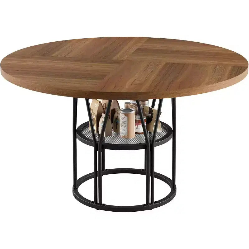 Table de salle à manger ronde avec étagère de rangement, table de cuisine robuste à structure métallique