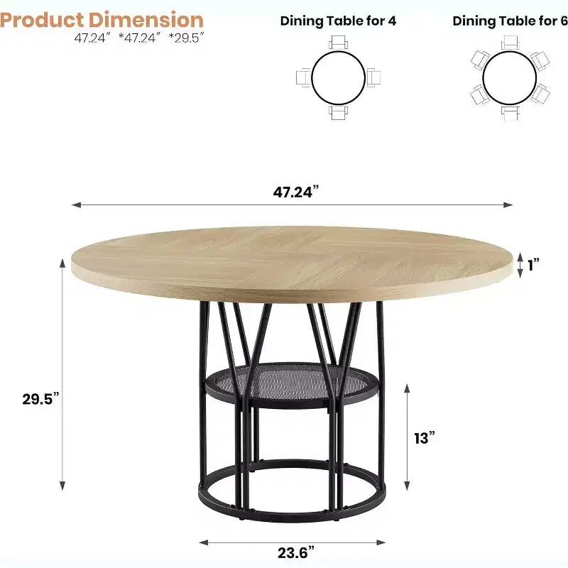 Table de salle à manger ronde avec étagère de rangement, table de cuisine robuste à structure métallique