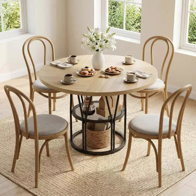 Table de salle à manger ronde avec étagère de rangement, table de cuisine robuste à structure métallique
