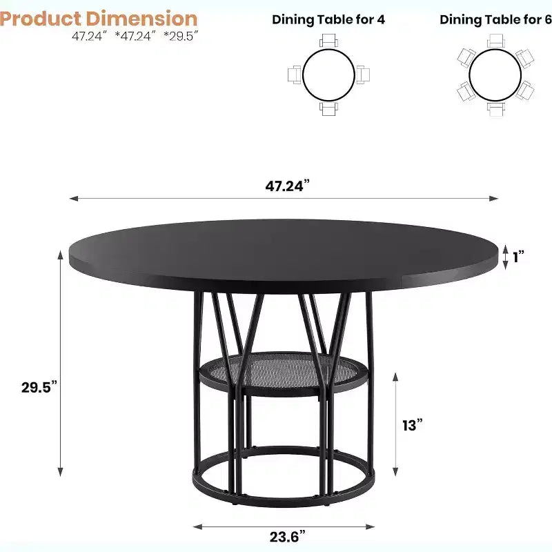Table de salle à manger ronde avec étagère de rangement, table de cuisine robuste à structure métallique