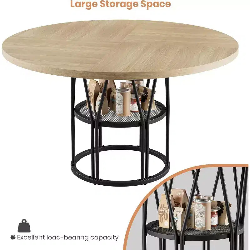 Table de salle à manger ronde avec étagère de rangement, table de cuisine robuste à structure métallique