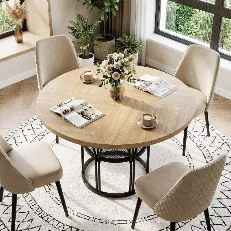Table de salle à manger ronde avec étagère de rangement, table de cuisine robuste à structure métallique