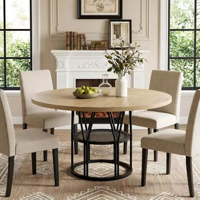 Table de salle à manger ronde avec étagère de rangement, table de cuisine robuste à structure métallique