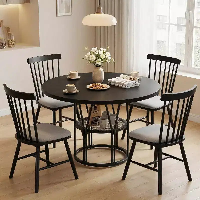 Table de salle à manger ronde avec étagère de rangement, table de cuisine robuste à structure métallique