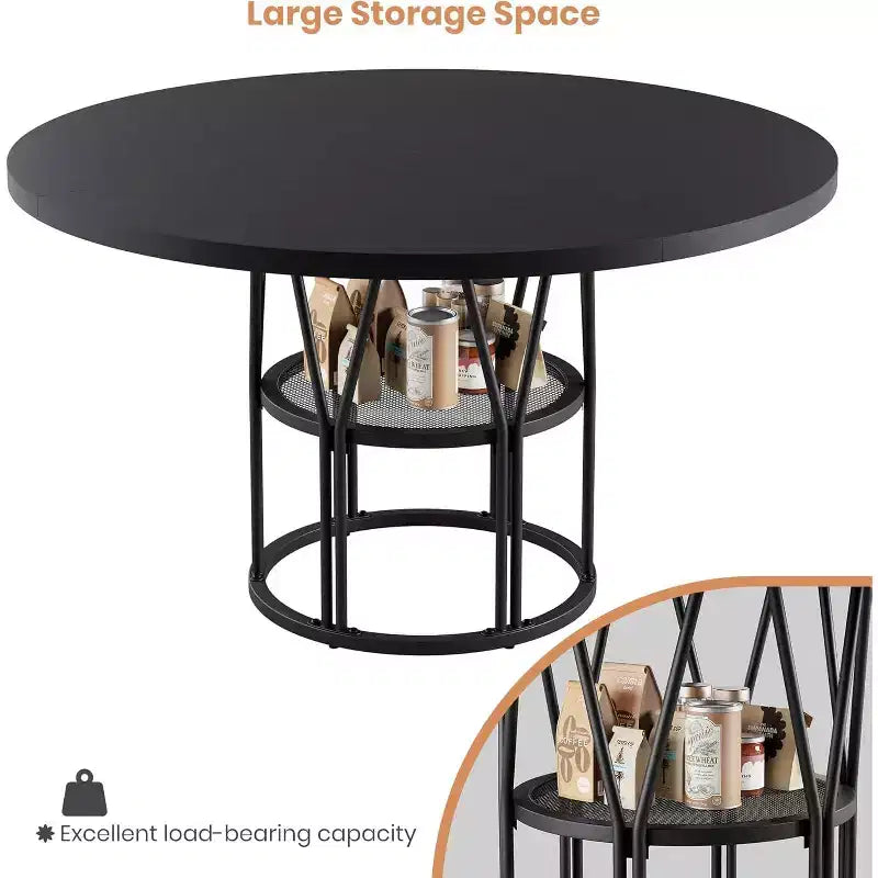Table de salle à manger ronde avec étagère de rangement, table de cuisine robuste à structure métallique