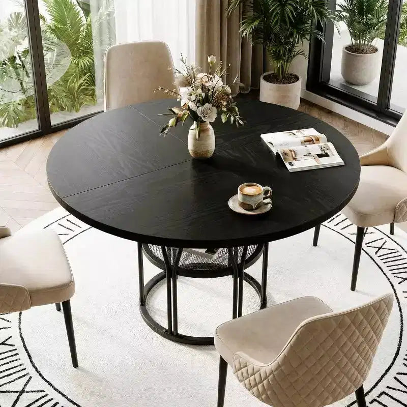 Table de salle à manger ronde avec étagère de rangement, table de cuisine robuste à structure métallique