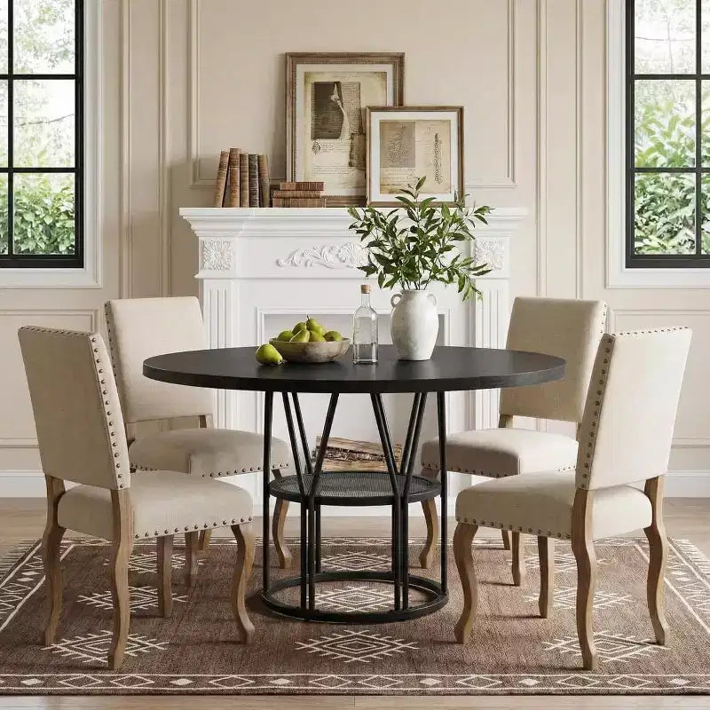 Table de salle à manger ronde avec étagère de rangement, table de cuisine robuste à structure métallique