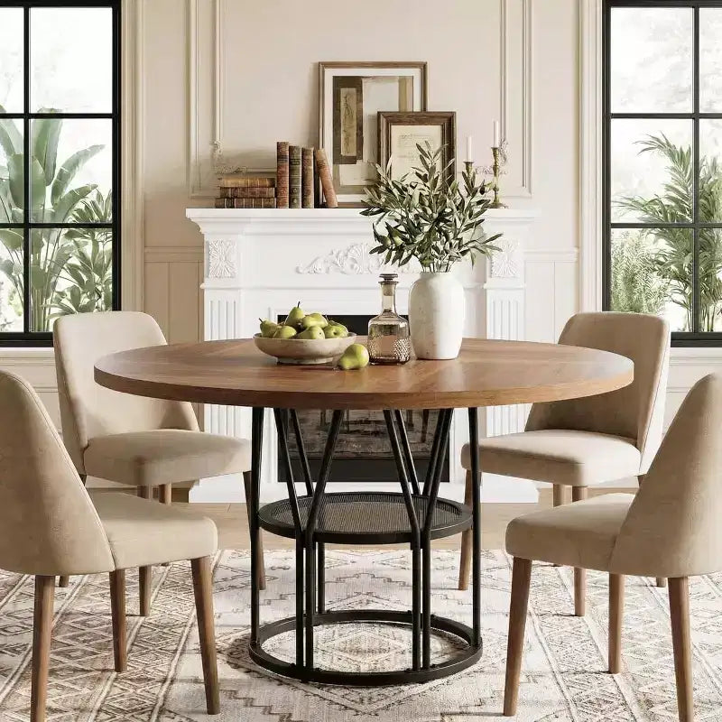 Table de salle à manger ronde avec étagère de rangement, table de cuisine robuste à structure métallique