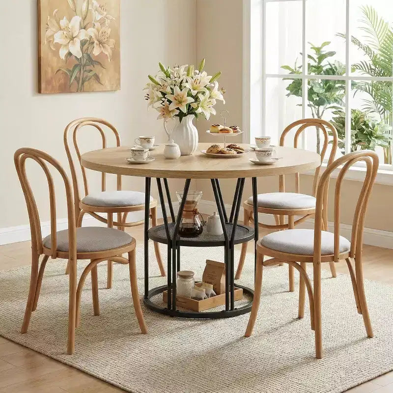 Table de salle à manger ronde avec étagère de rangement, table de cuisine robuste à structure métallique