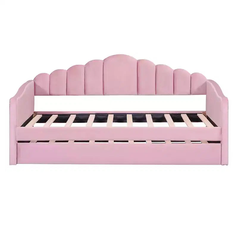 Lit rembourré avec lit gigogne en velours Ports pour chambre à coucher rose