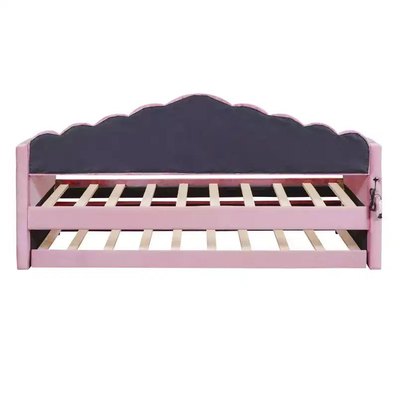 Lit rembourré avec lit gigogne en velours Ports pour chambre à coucher rose