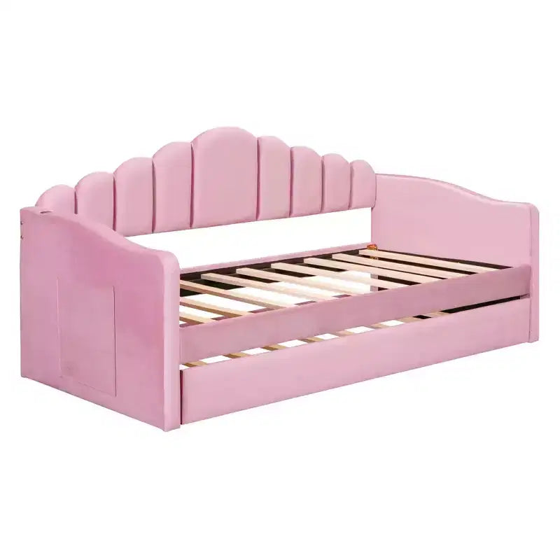 Lit rembourré avec lit gigogne en velours Ports pour chambre à coucher rose