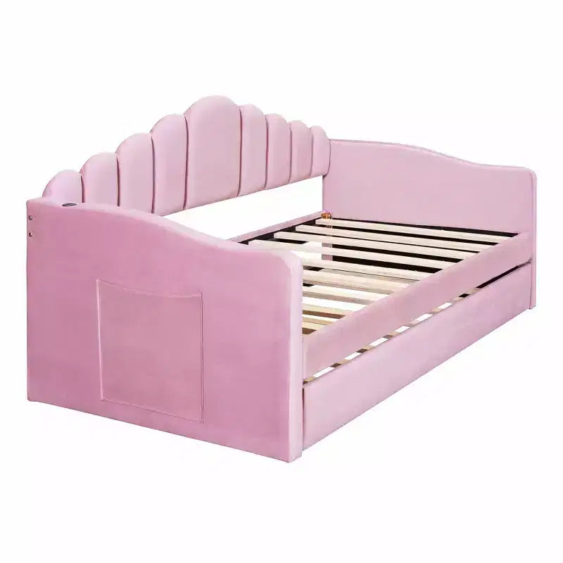 Lit rembourré avec lit gigogne en velours Ports pour chambre à coucher rose