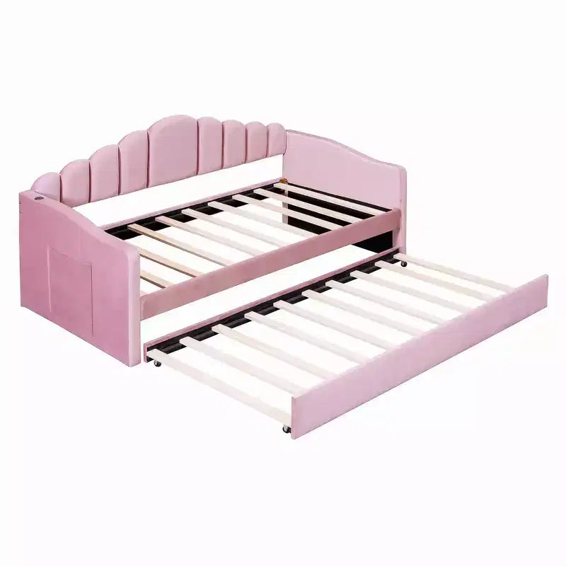 Lit rembourré avec lit gigogne en velours Ports pour chambre à coucher rose