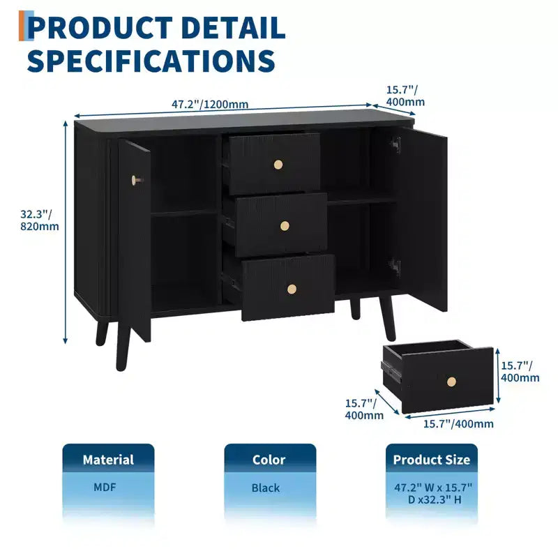 Meuble de Rangement Buffet Cannnelé Meuble TV Moderne Milieu du Siècle