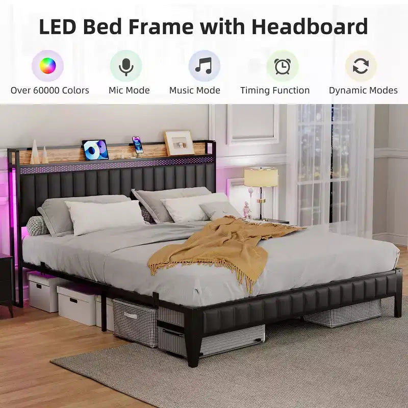 Cadre de lit tapissé avec station de charge et lumières LED