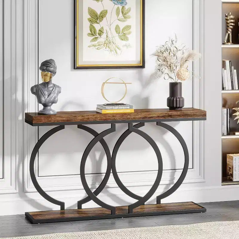 Console en bois, Table d'entrée étroite avec cadre métallique géométrique