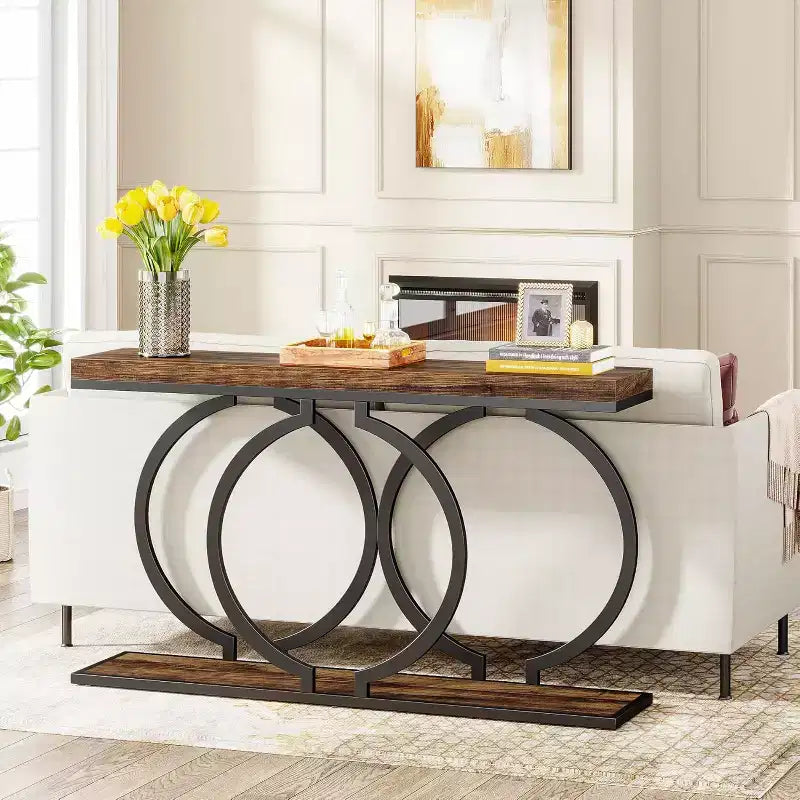 Console en bois, Table d'entrée étroite avec cadre métallique géométrique