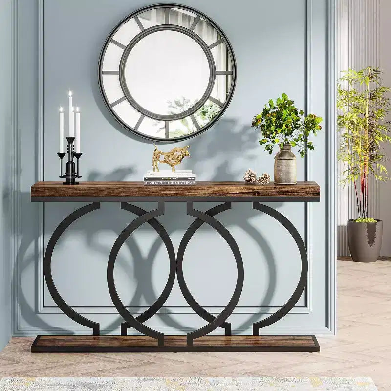 Console en bois, Table d'entrée étroite avec cadre métallique géométrique