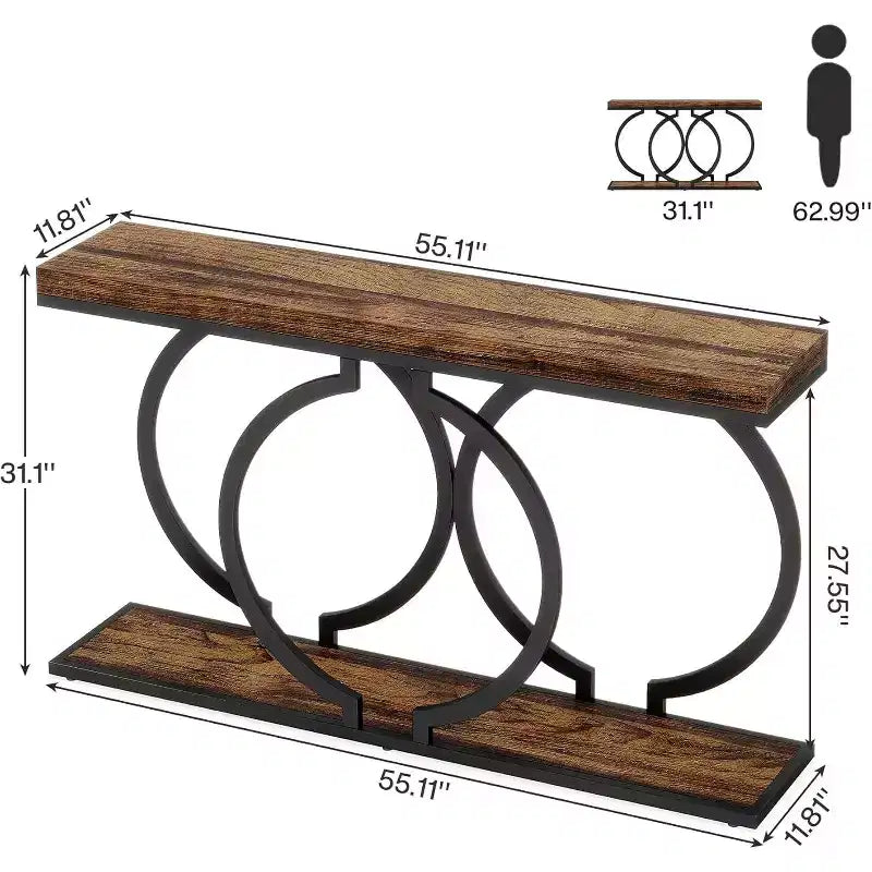 Console en bois, Table d'entrée étroite avec cadre métallique géométrique