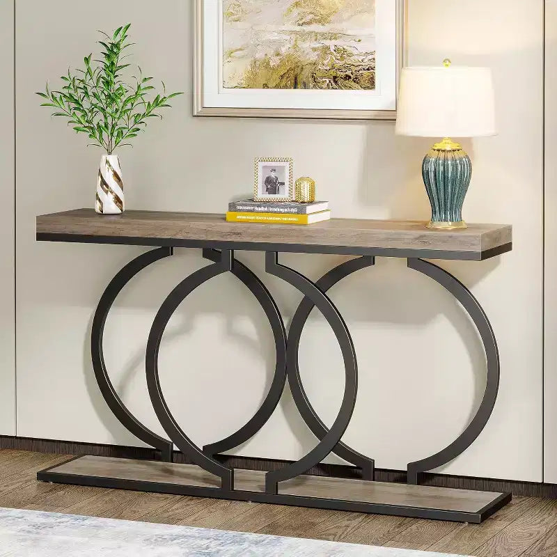 Console en bois, Table d'entrée étroite avec cadre métallique géométrique