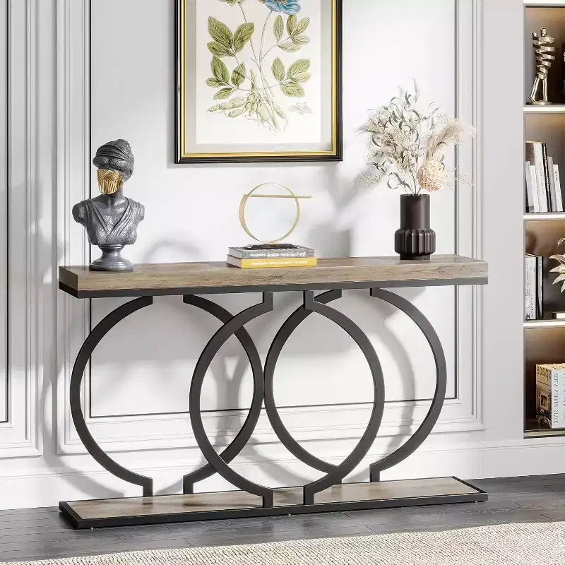 Console en bois, Table d'entrée étroite avec cadre métallique géométrique