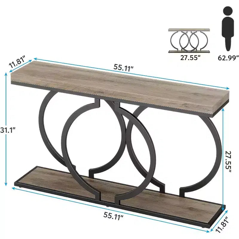 Console en bois, Table d'entrée étroite avec cadre métallique géométrique
