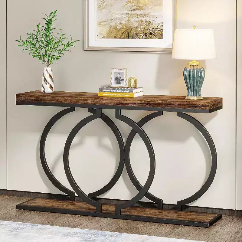 Console en bois, Table d'entrée étroite avec cadre métallique géométrique