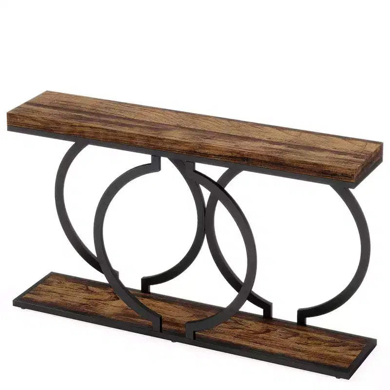 Console en bois, Table d'entrée étroite avec cadre métallique géométrique