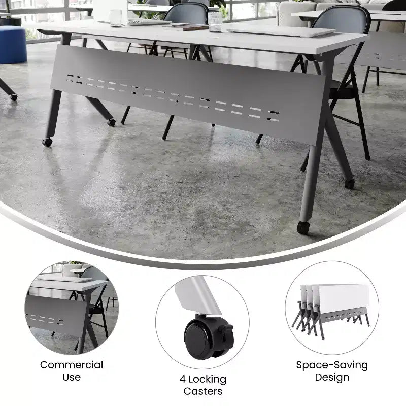Table de formation rabattable robuste avec conception emboîtable, panneau d'intimité, pieds en Y, plateau, cadre métallique