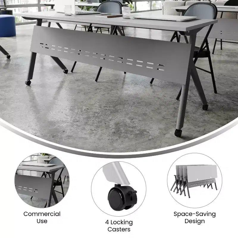 Table de formation rabattable robuste avec conception emboîtable, panneau d'intimité, pieds en Y, plateau, cadre métallique