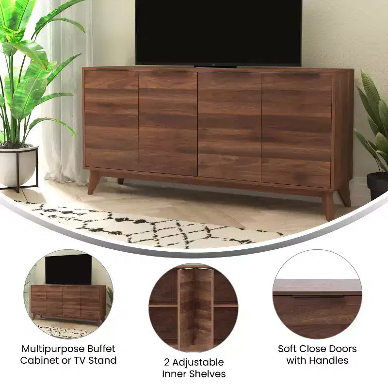 Bahut scandinave en bois avec portes à fermeture amortie, étagères et pieds fuselés élégants avec patins de protection