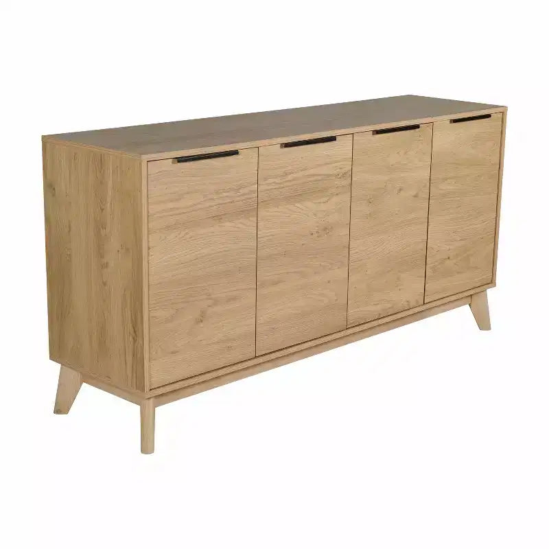 Bahut scandinave en bois avec portes à fermeture amortie, étagères et pieds fuselés élégants avec patins de protection
