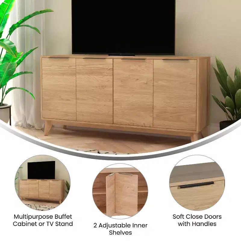 Bahut scandinave en bois avec portes à fermeture amortie, étagères et pieds fuselés élégants avec patins de protection