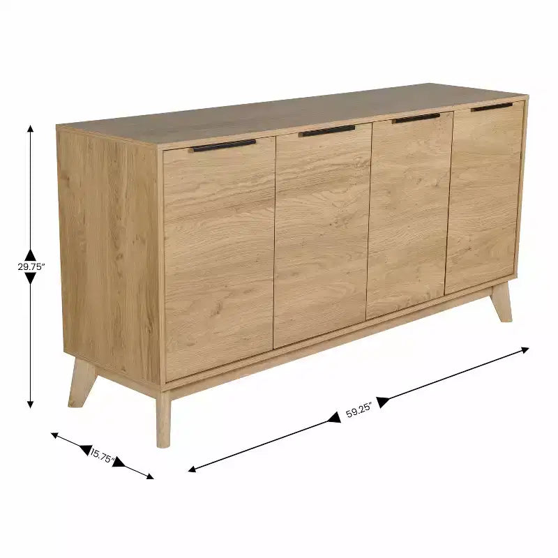 Bahut scandinave en bois avec portes à fermeture amortie, étagères et pieds fuselés élégants avec patins de protection