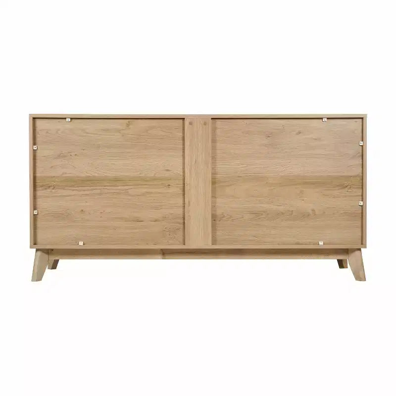 Bahut scandinave en bois avec portes à fermeture amortie, étagères et pieds fuselés élégants avec patins de protection